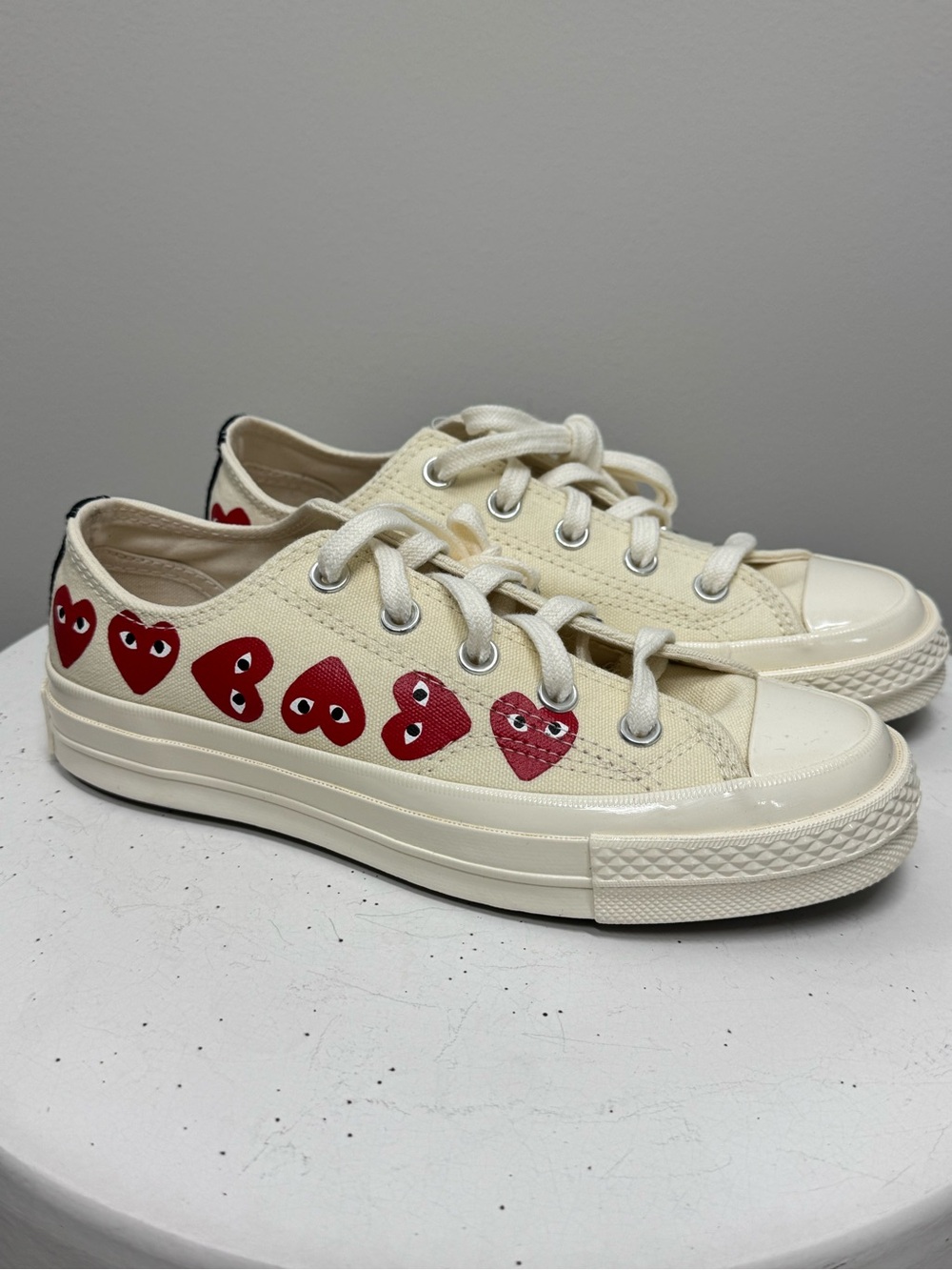 Comme des Garcons Converse Collab - Cream Canvas Sneakers with Red Heart Motif